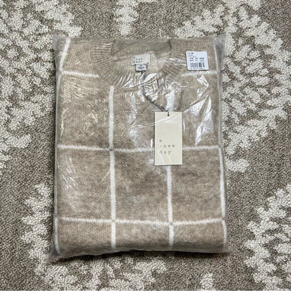 A New Day Women’s Camel windowpane Long Sleeve Sweater Dress NWT SZ M - Picture 4 of 4